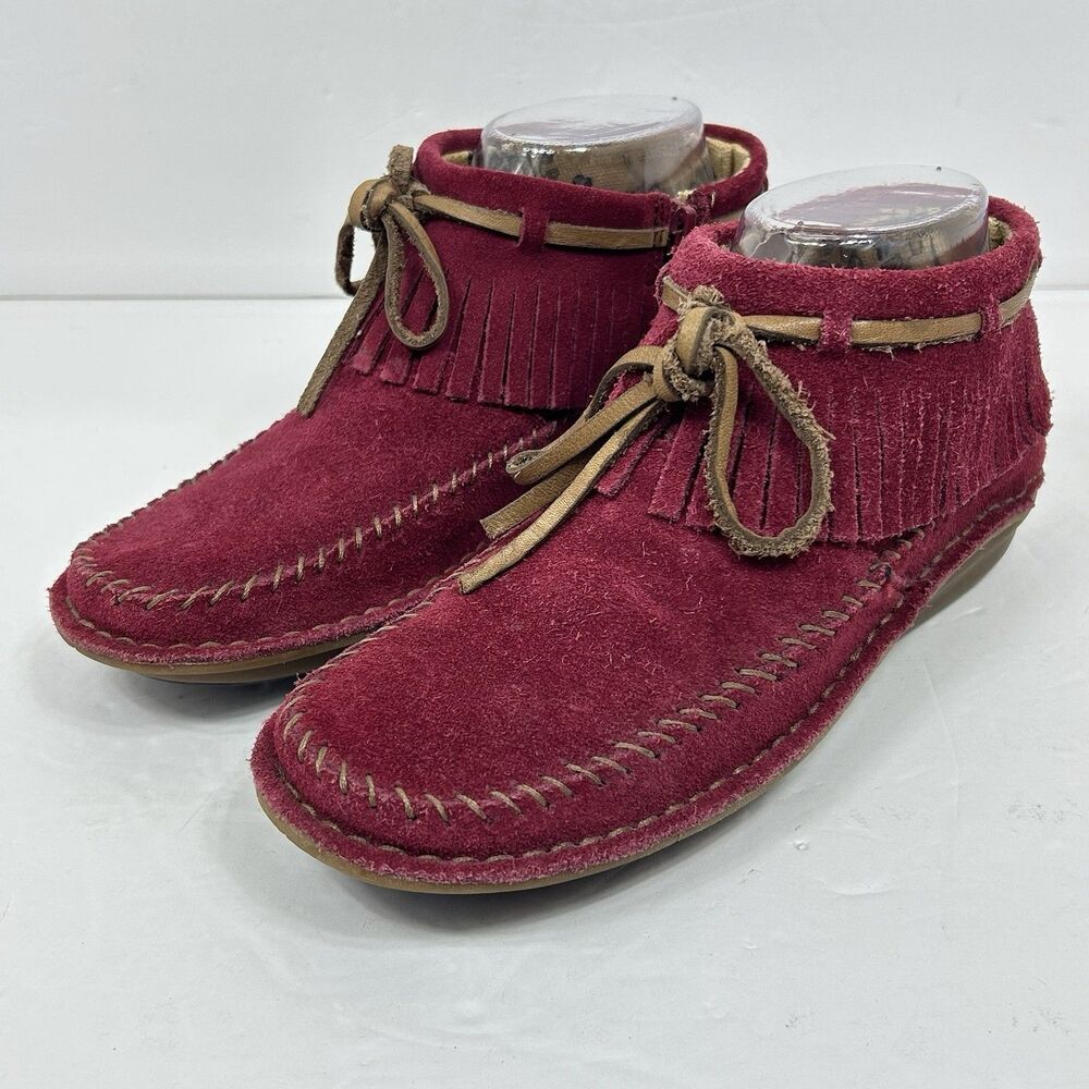 Hush Puppies Fringe Suede Moccasin Ankle Boots Womens 6.5 Side Zip Boho Costume